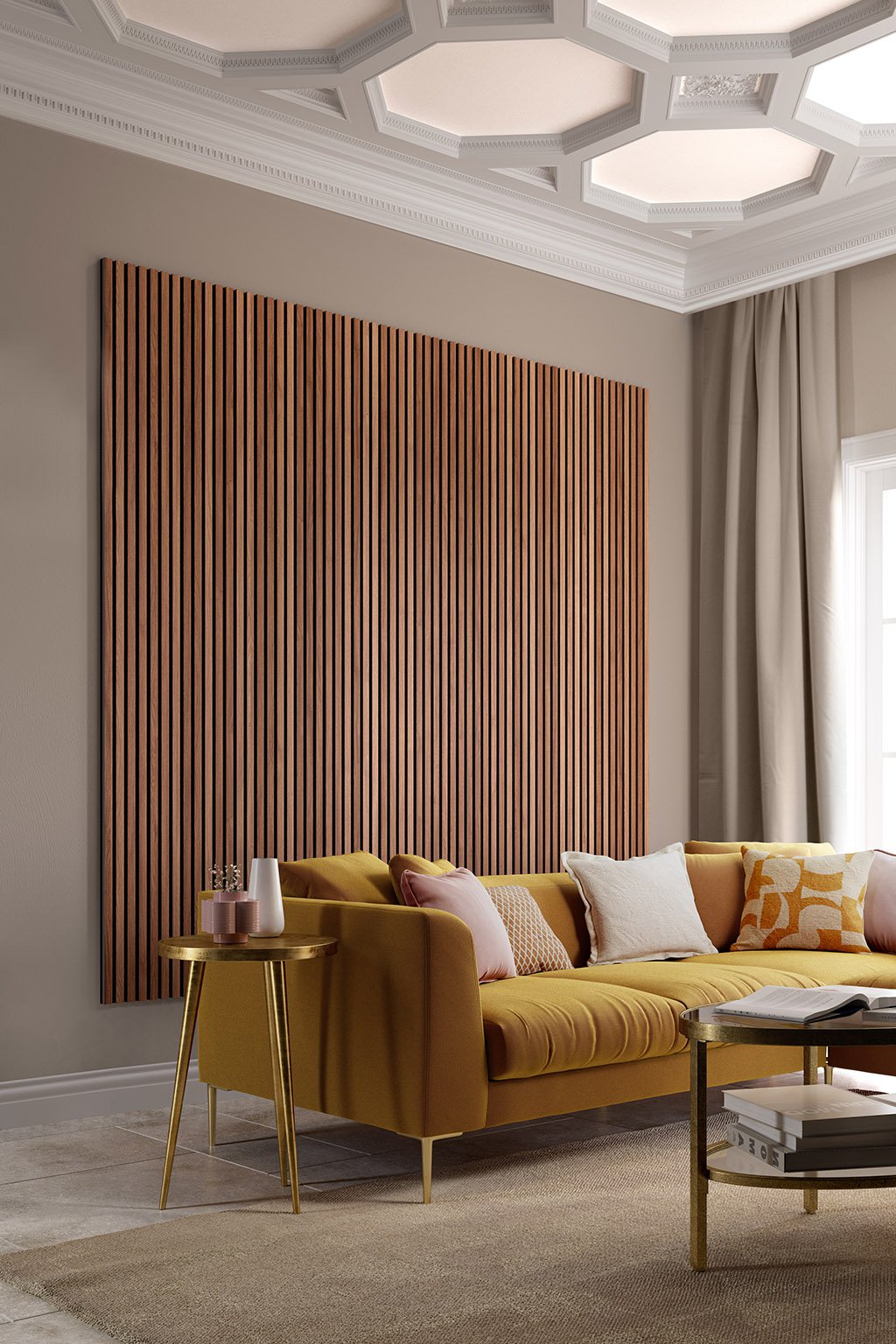 Walnut slat panel CGI | Pikcells